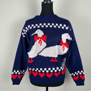 Vintage Nan Dorsey Duck Knit Sweater Large USA Made Heart Check Cottage Grandma
